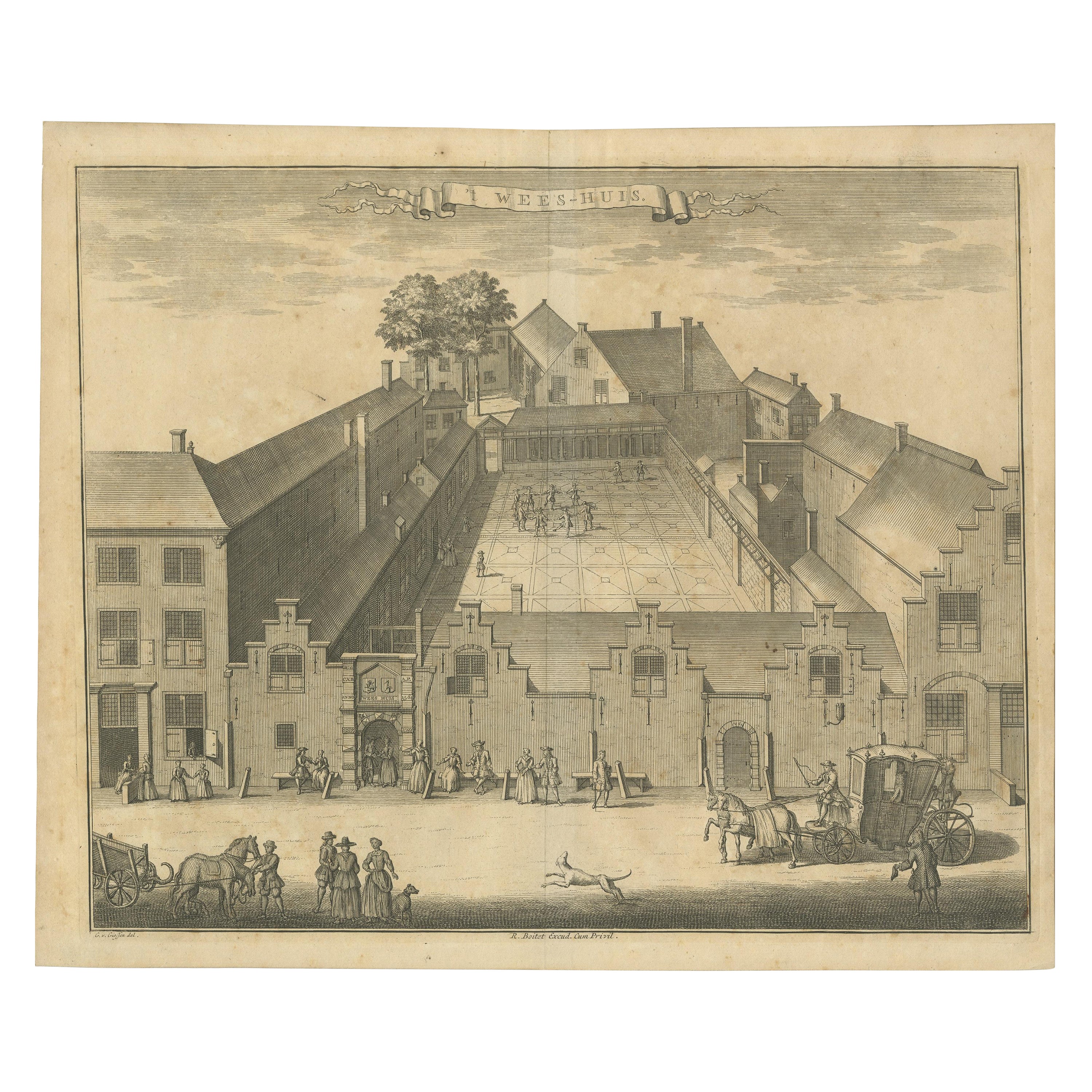 Antique Print of the Orphanage in the Hague in the Netherlands For Sale
