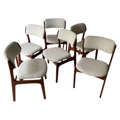 Erik Buch Teak and Off White Boucle Dining Chairs Set of Six, Denmark, 1960s