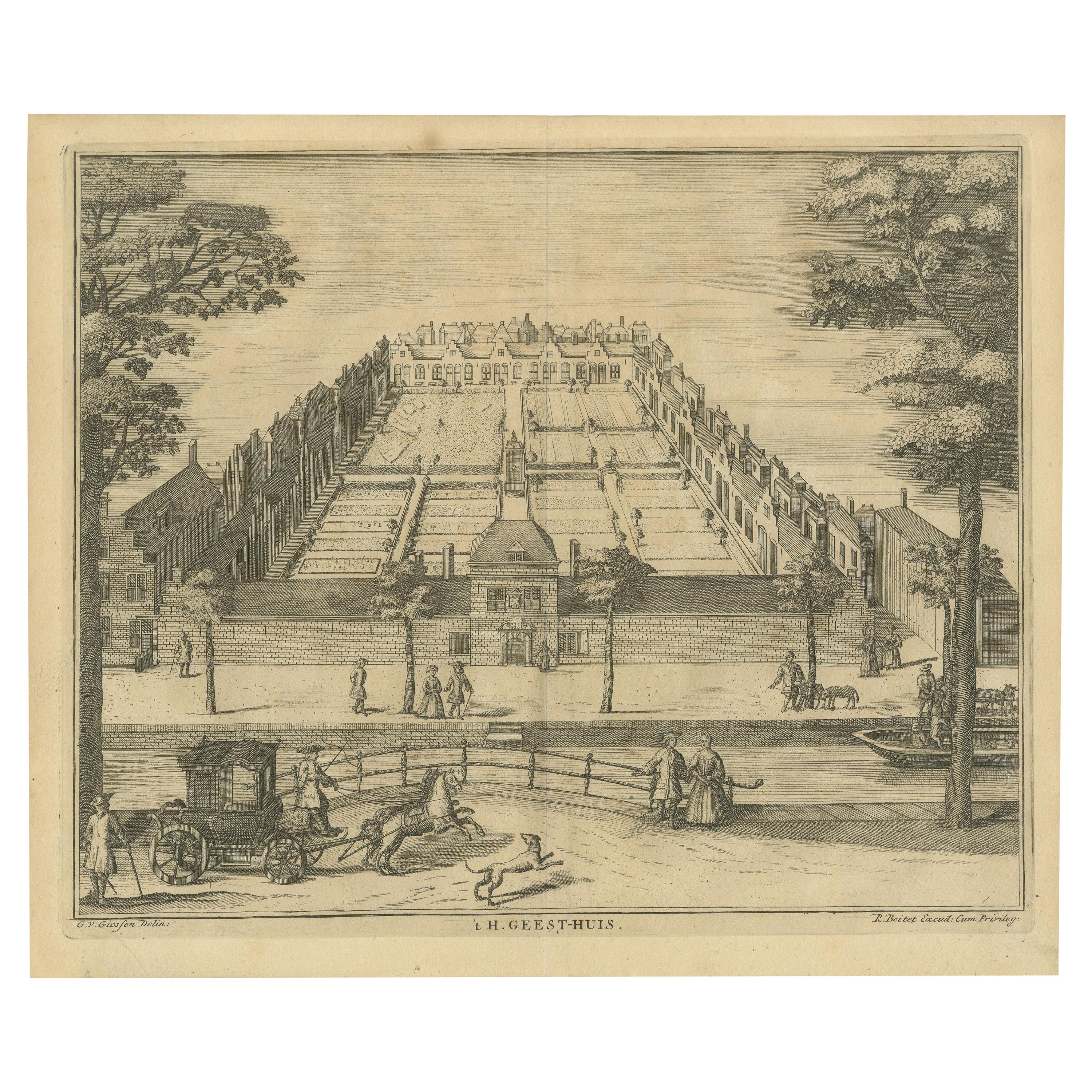 Impression ancienne de l'abbaye de La Haye aux Pays-Bas en vente