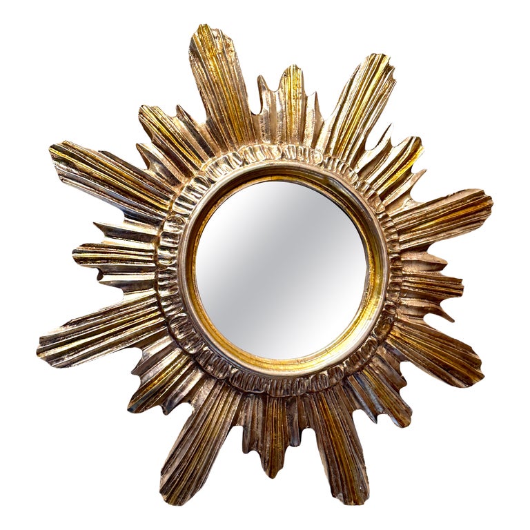 Silver and Gold Sunburst Starburst Mirror Wood Stucco, Italy, circa 1960s For Sale