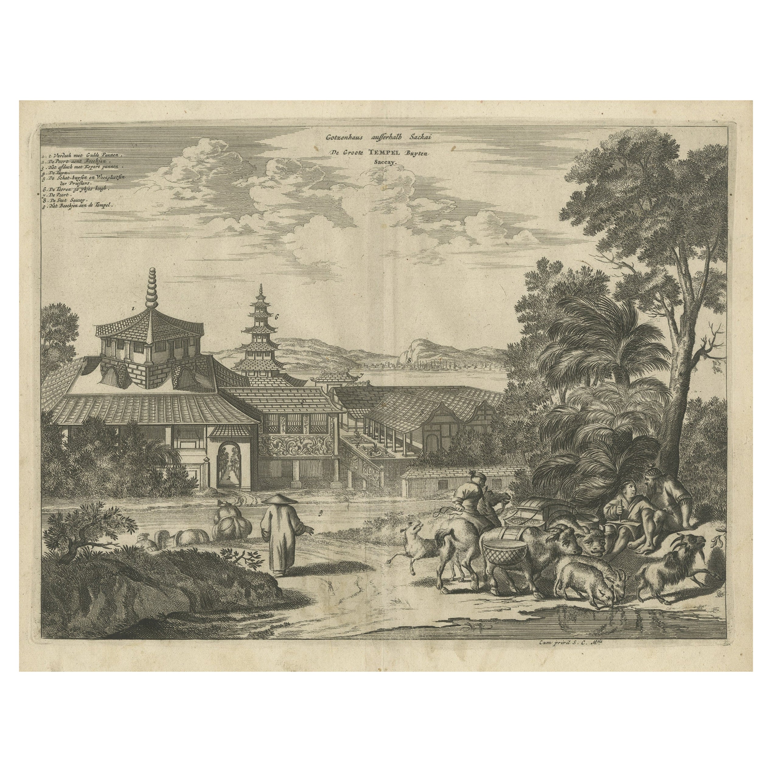 Antique Print of the Great Temple in Osaka, Japan