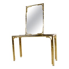 Table console en laiton imitation bambou avec miroir, années 1970