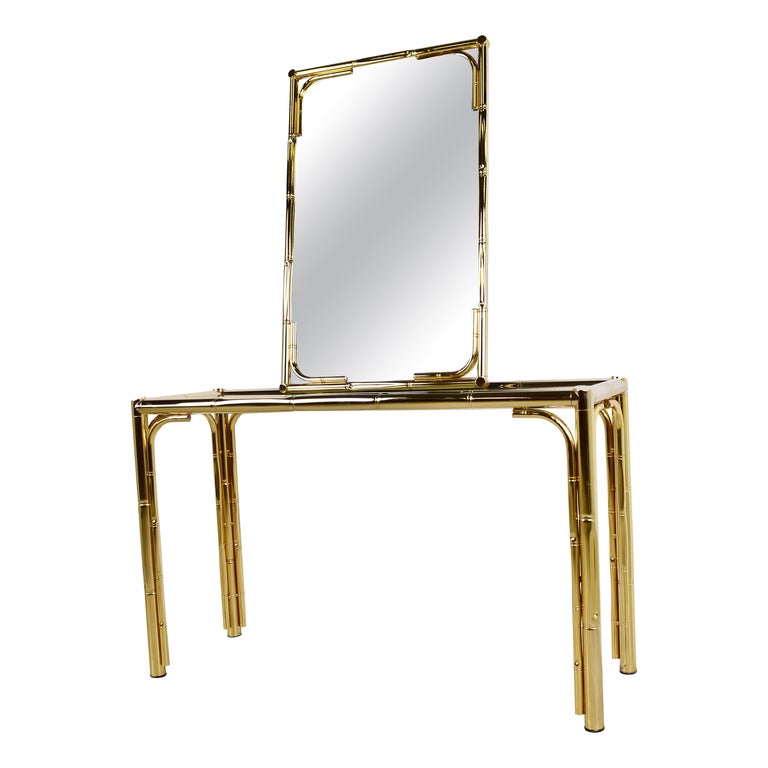 Brass Faux Bamboo Console Table with Mirror, 1970s For Sale at 1stDibs