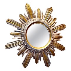 Vintage Silver and Gold Sunburst Starburst Mirror Wood Stucco, Italy, circa 1960s