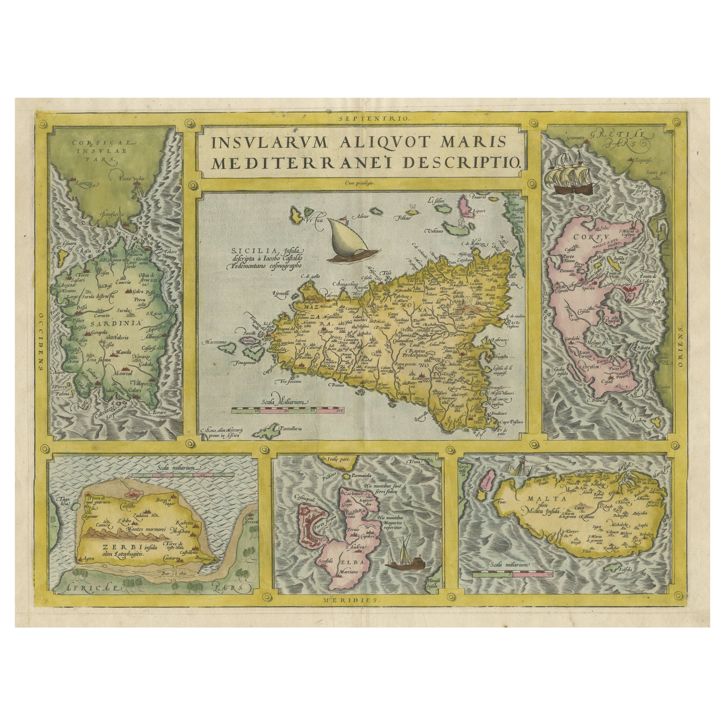 Coloured Antique Map of Sicily, Sardinia, Corfu, Elba, Malta and Zerbi (Jerba) For Sale