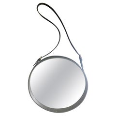 Black Leather Wrapped Circular Mirror By Jacques Adnet and Hermès, France 1950