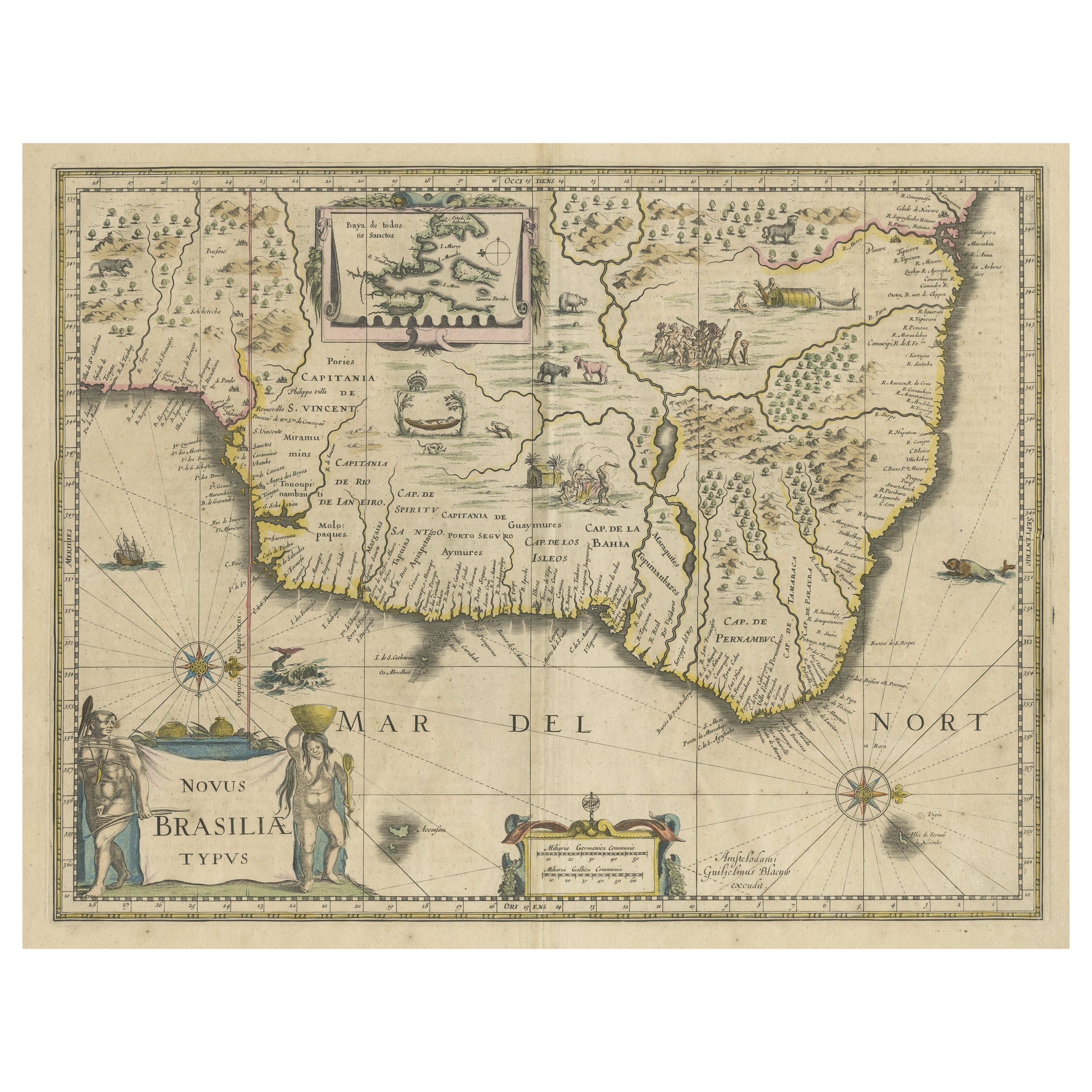 Old Color Engraving of Blaeu's first Map of Brazil, North Oriented to the Right For Sale