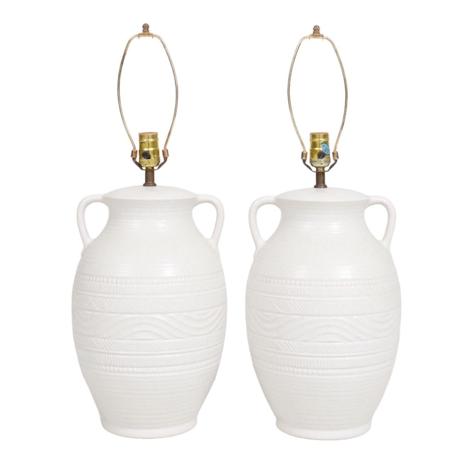 White Ceramic Amphora Table Lamps, a Pair