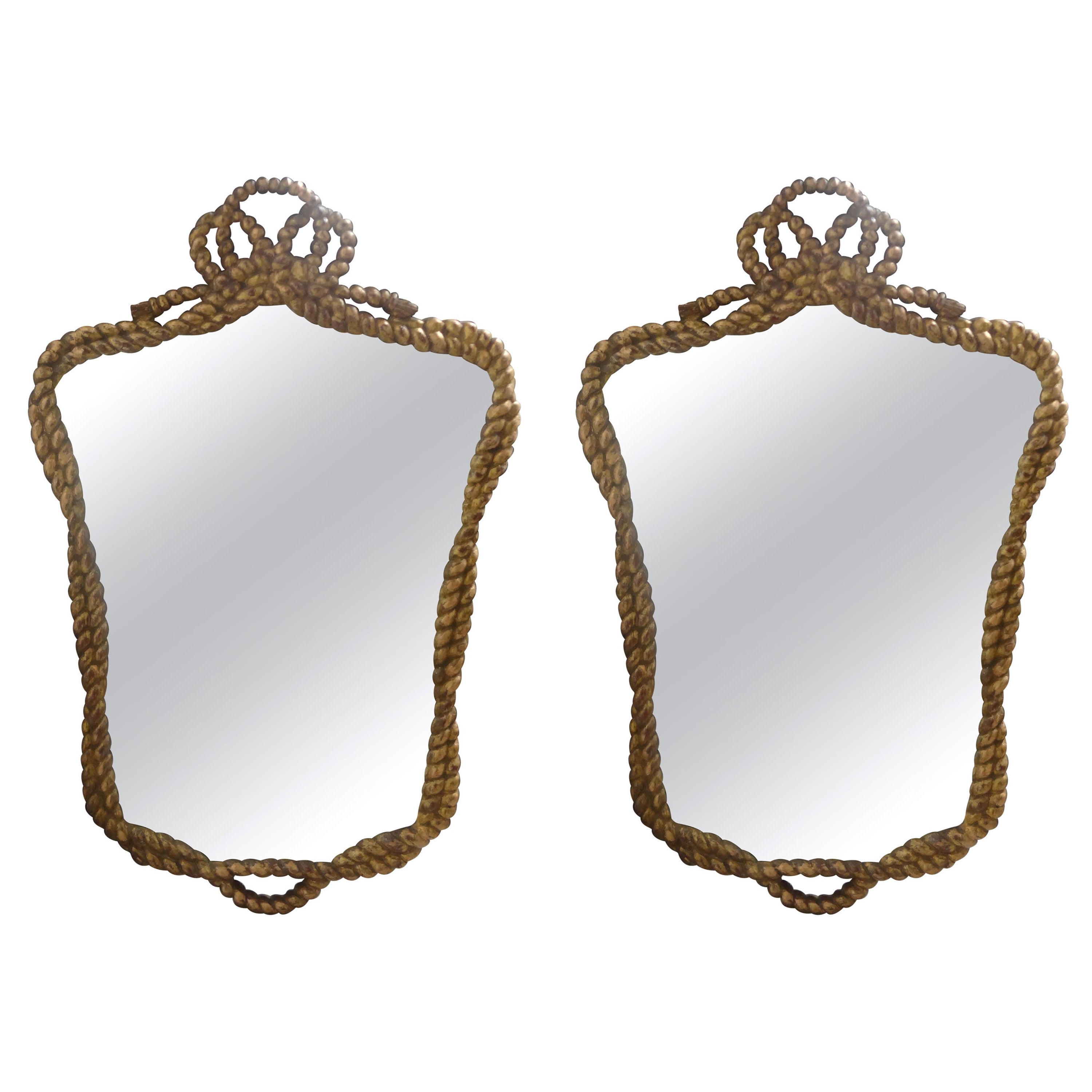 Paar italienische Spiegel aus vergoldetem Holz mit Seil und Quasten