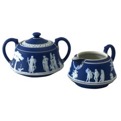 English Wedgwood Jasperware Blue & White Sugar Bowl & Creamer Neoclassical Style