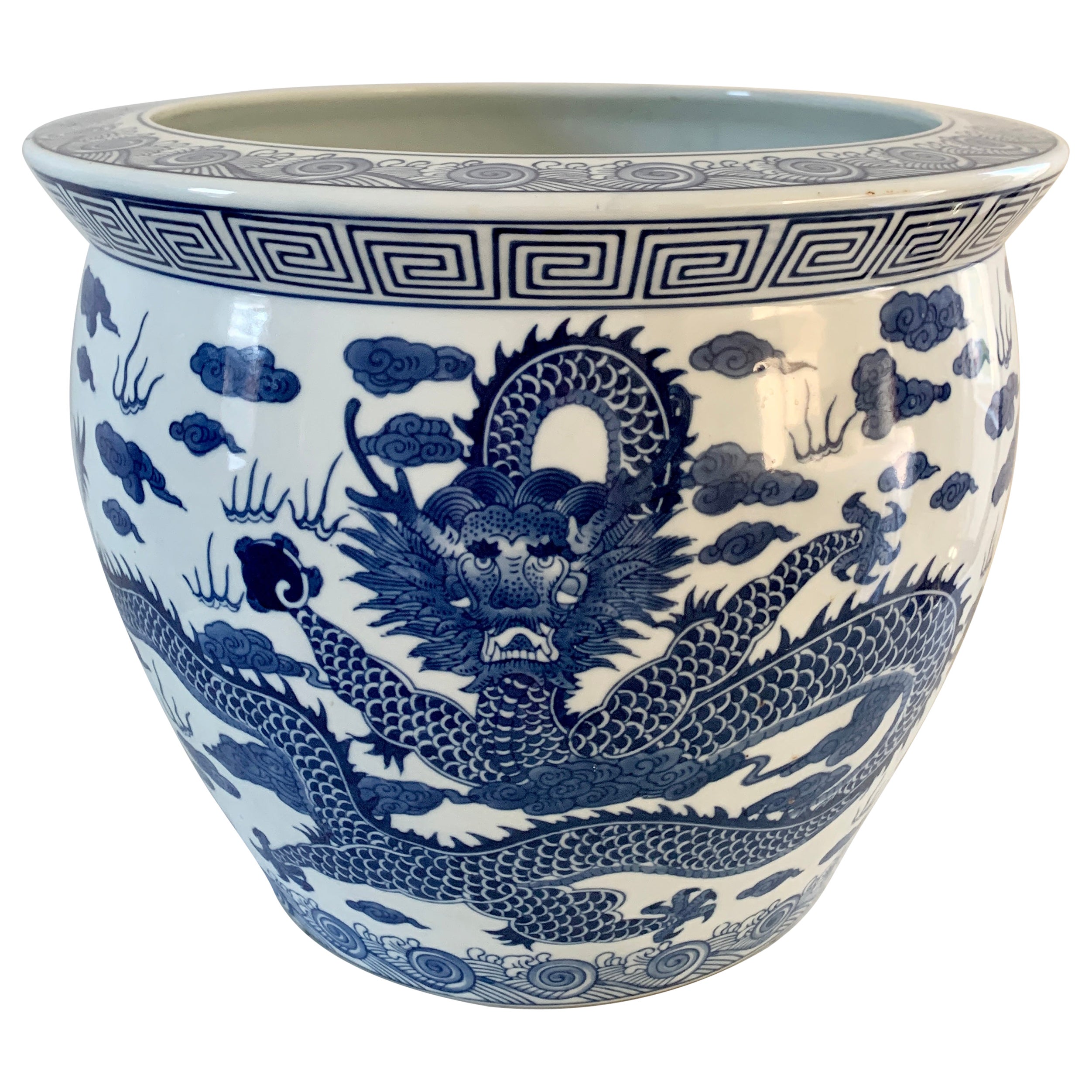 Chinoiserie Blue and White Dragon Porcelain Fishbowl Planter