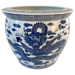 Vintage Chinoiserie Blue and White Dragon Porcelain Fishbowl Planter