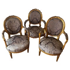 Antique The Set of Three Original 18th Century Louis XVI Gold Gilded Armchairs