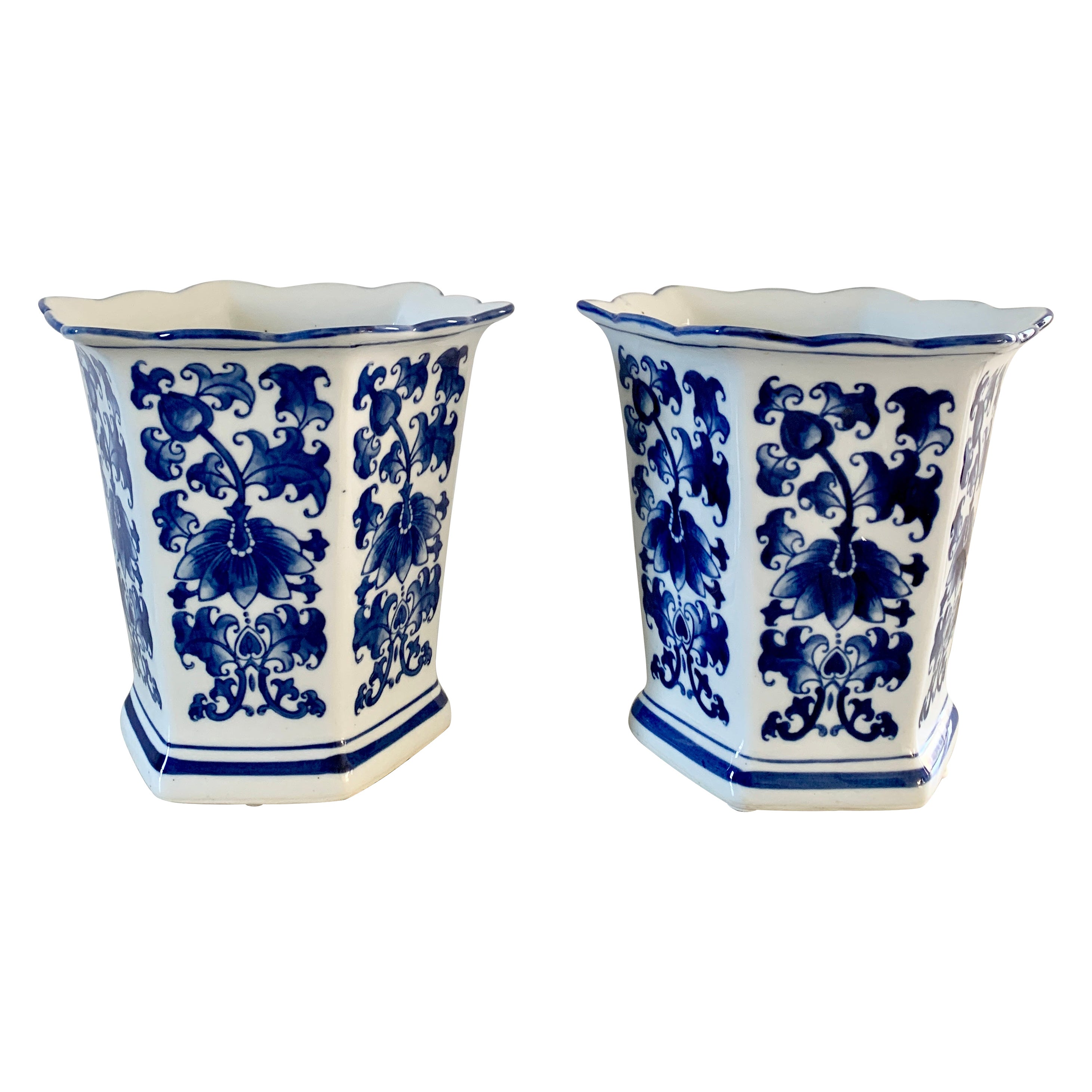 Chinoiserie Blue and White Porcelain Hexagonal Vases, Pair For Sale