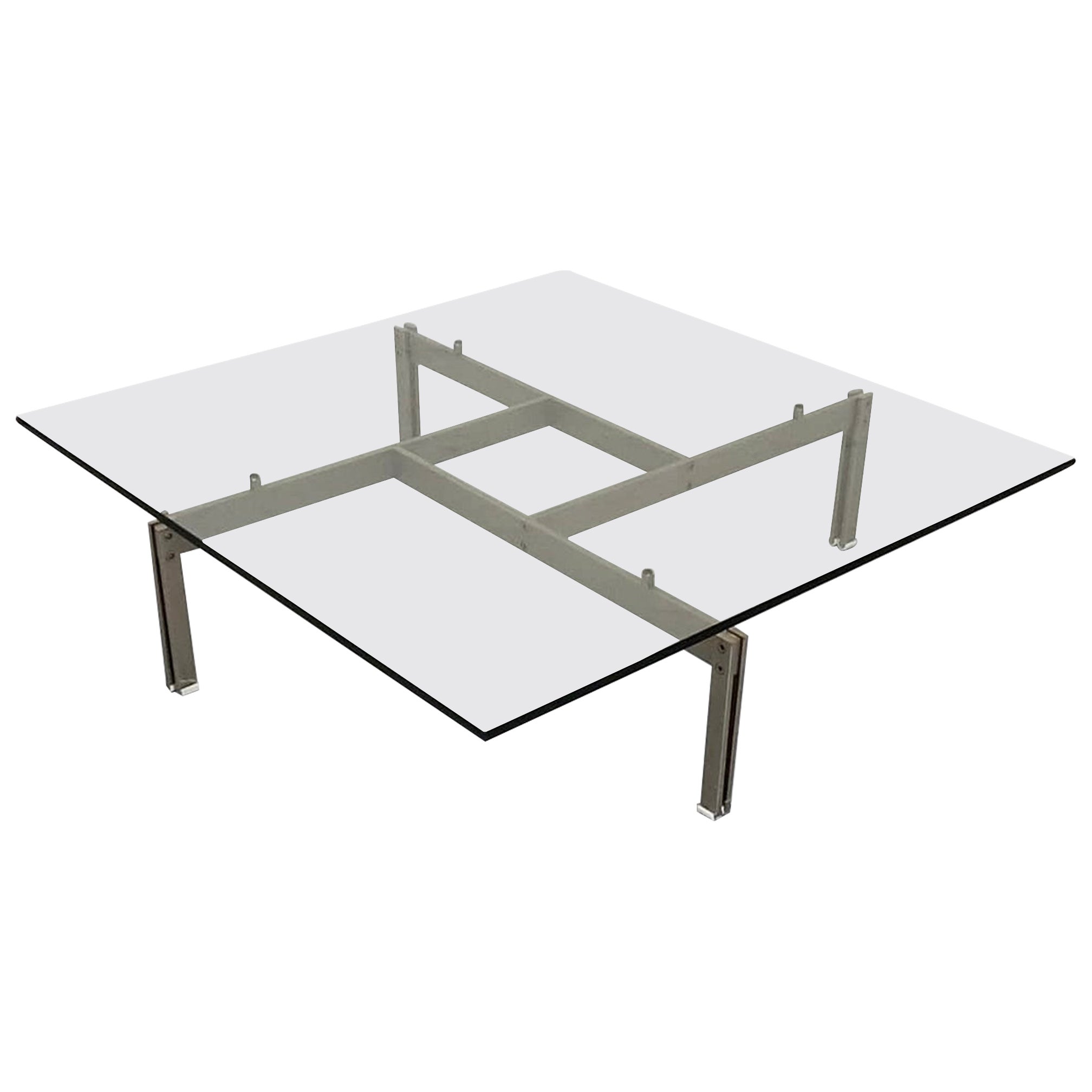Onda Brushed Steel and Glass Coffee Table by Giovanni Offredi for Saporiti 1970s For Sale