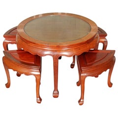 Oriental Asian Rosewood Tea Table with Set of 4 Seats