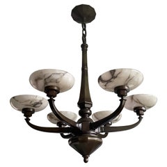 Large & Stunning Antique Bronze Chandelier / Pendant with Six Alabaster Shades