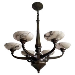 Large & Stunning Used Bronze Chandelier / Pendant with Six Alabaster Shades