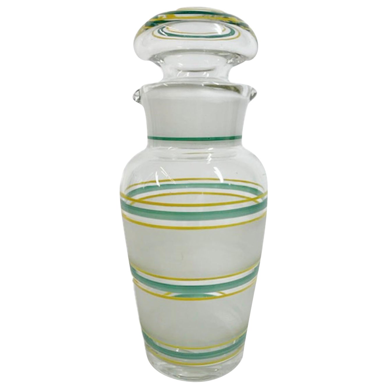 Shaker da cocktail inglese Art Deco con bande smerigliate e linee gialle e verdi