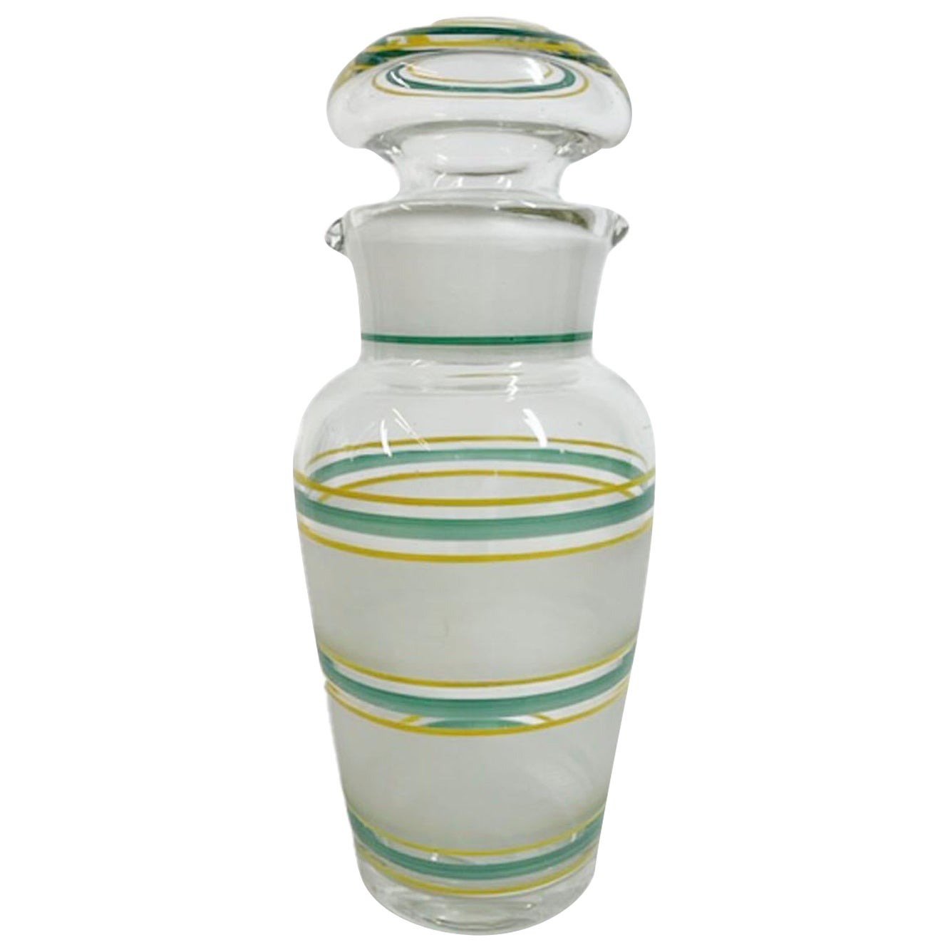 English Art Deco Cocktail Shaker with Frosted Bands and Yellow & Green Lines For Sale