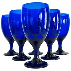 Retro 1970s Cobalt Blue Tall Glass Goblet, Set of 6
