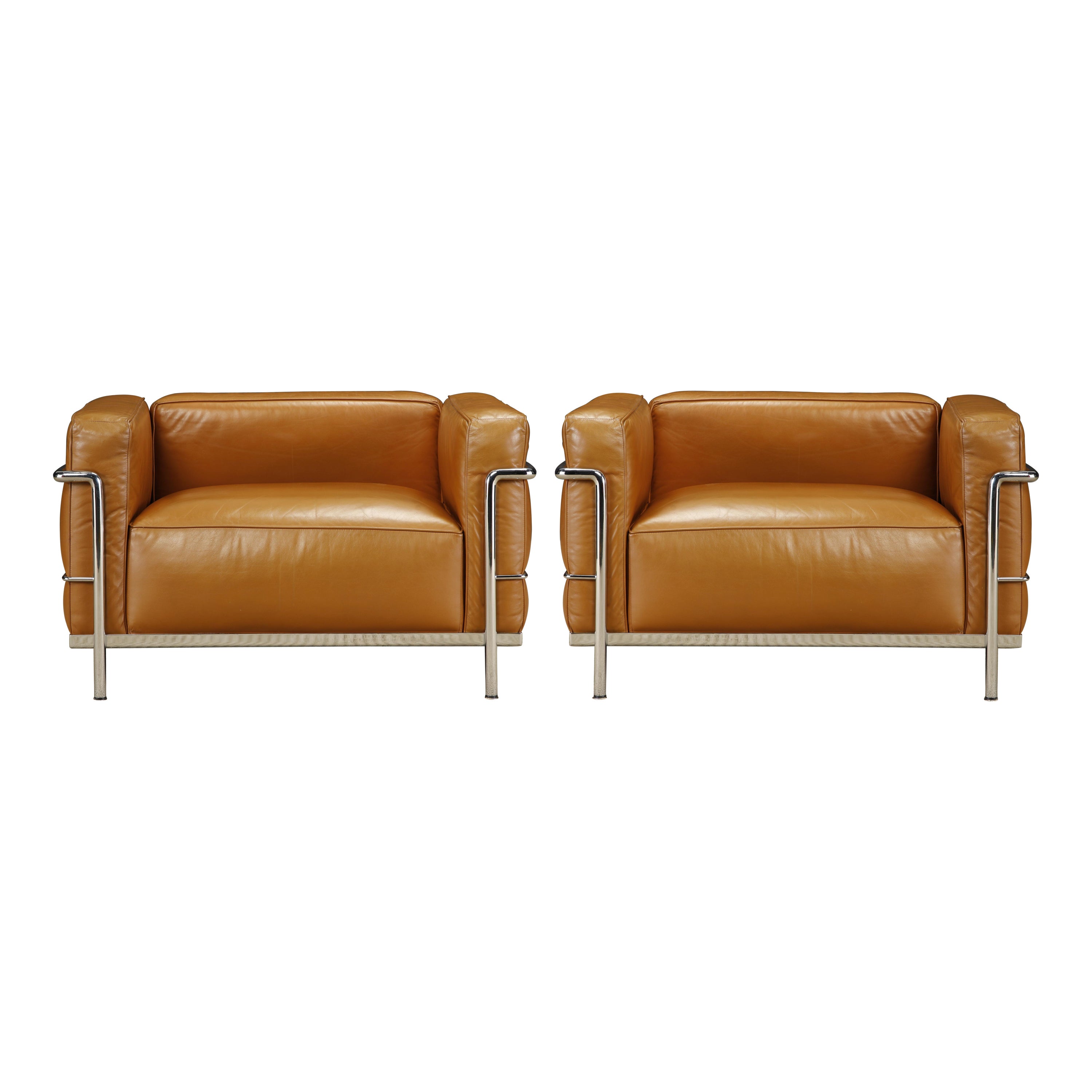 Early 'LC3' Club Chairs in Cognac Leather by Le Corbusier for Cassina, Signed