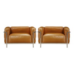 Early ''LC3'' Club Chairs in Cognac Leather by Le Corbusier for Cassina, Signed