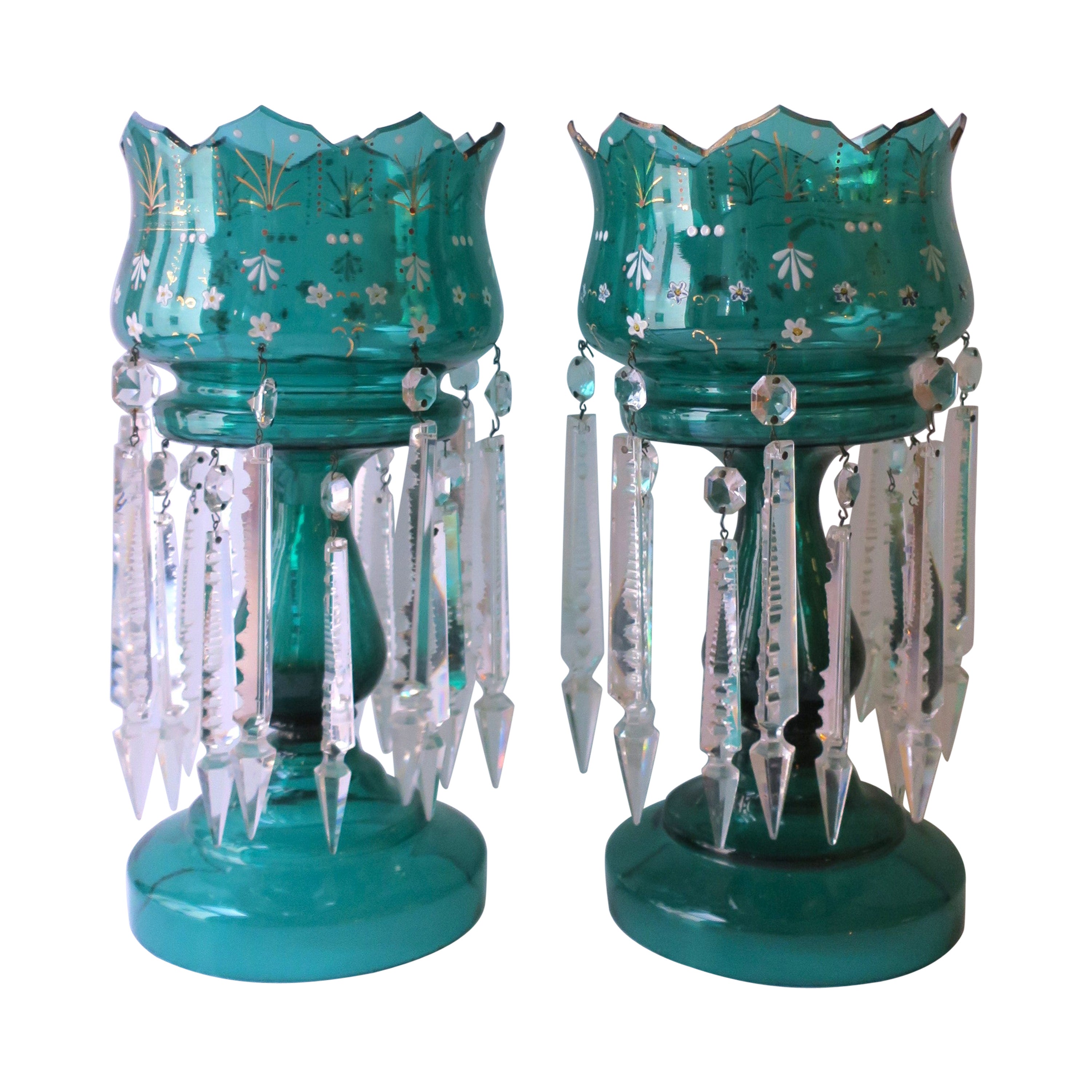 Emerald Green Bohemian Glass and Crystal Lusters Pair, circa 19th c