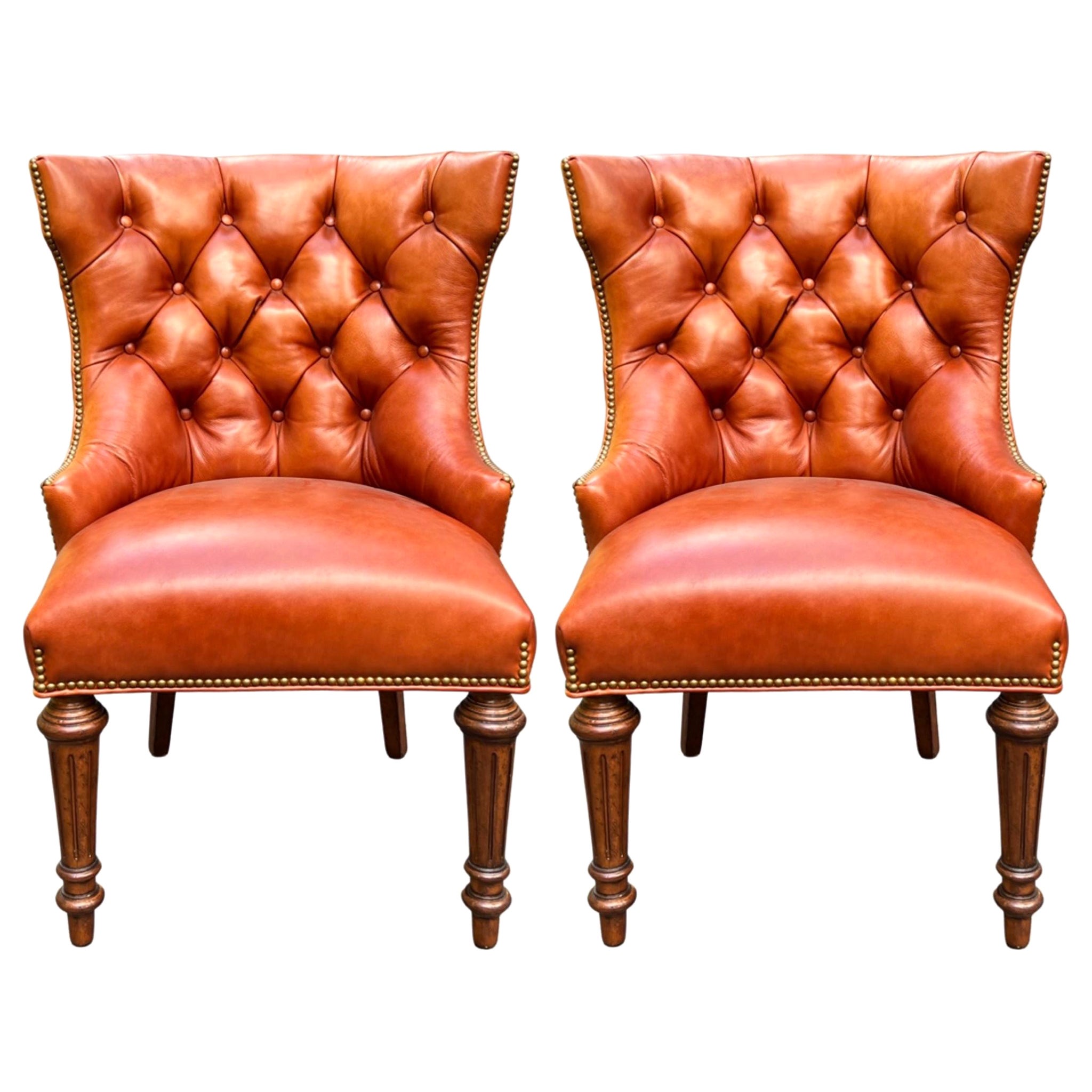 Late 20th-C. Chesterfield Style Leather Chairs Att. to Hancock and Moore, Pair For Sale