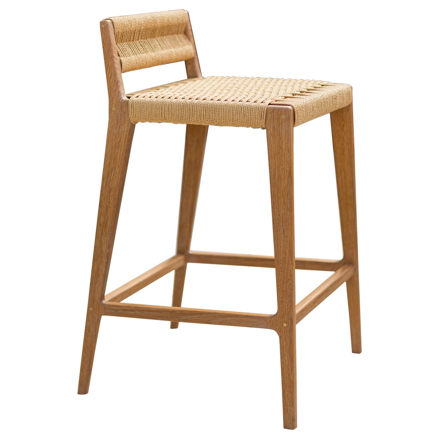 Travis Modern Stool with Woven Danish Cord Seat and Low Back in White Oak For Sale