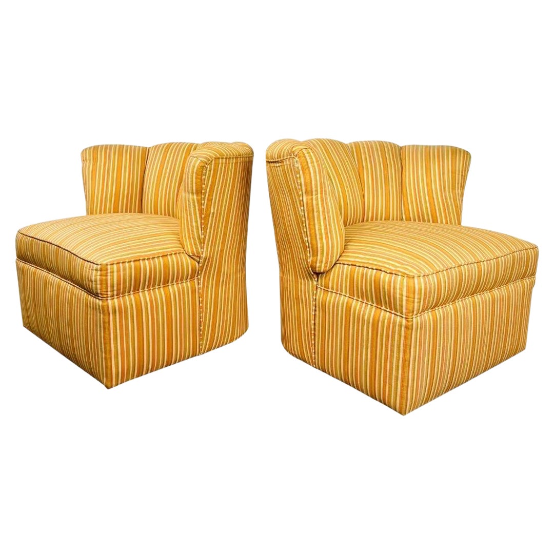 Pair of Striped Channel Back Swivel Chairs For Sale