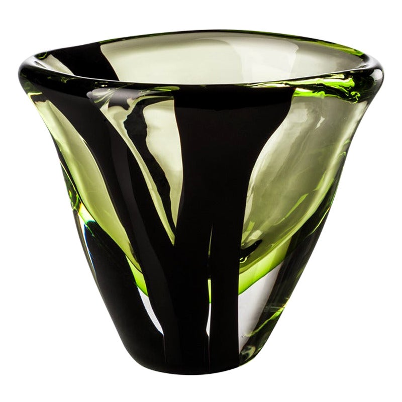 Ovale extra kleine Glasvase mit schwarzem Gürtel aus dem 21. Jahrhundert in Schwarz/Kristall/Grassgraugrau