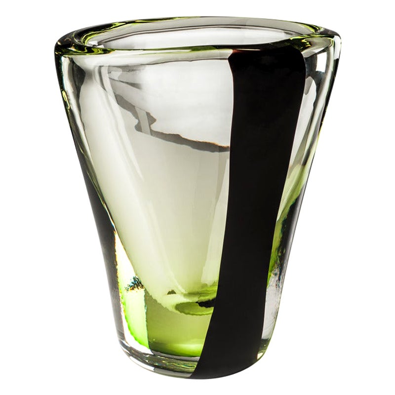 Ovale Medium-Glasvase mit schwarzem Grtel aus dem 21. Jahrhundert in Schwarz/Kristall/Grassgrn