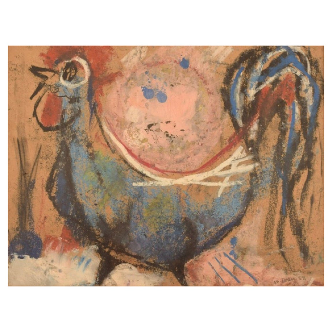 Mette Doller, Danish Artist, Mixed Media on Paper, Rooster, Dated 1959 For Sale