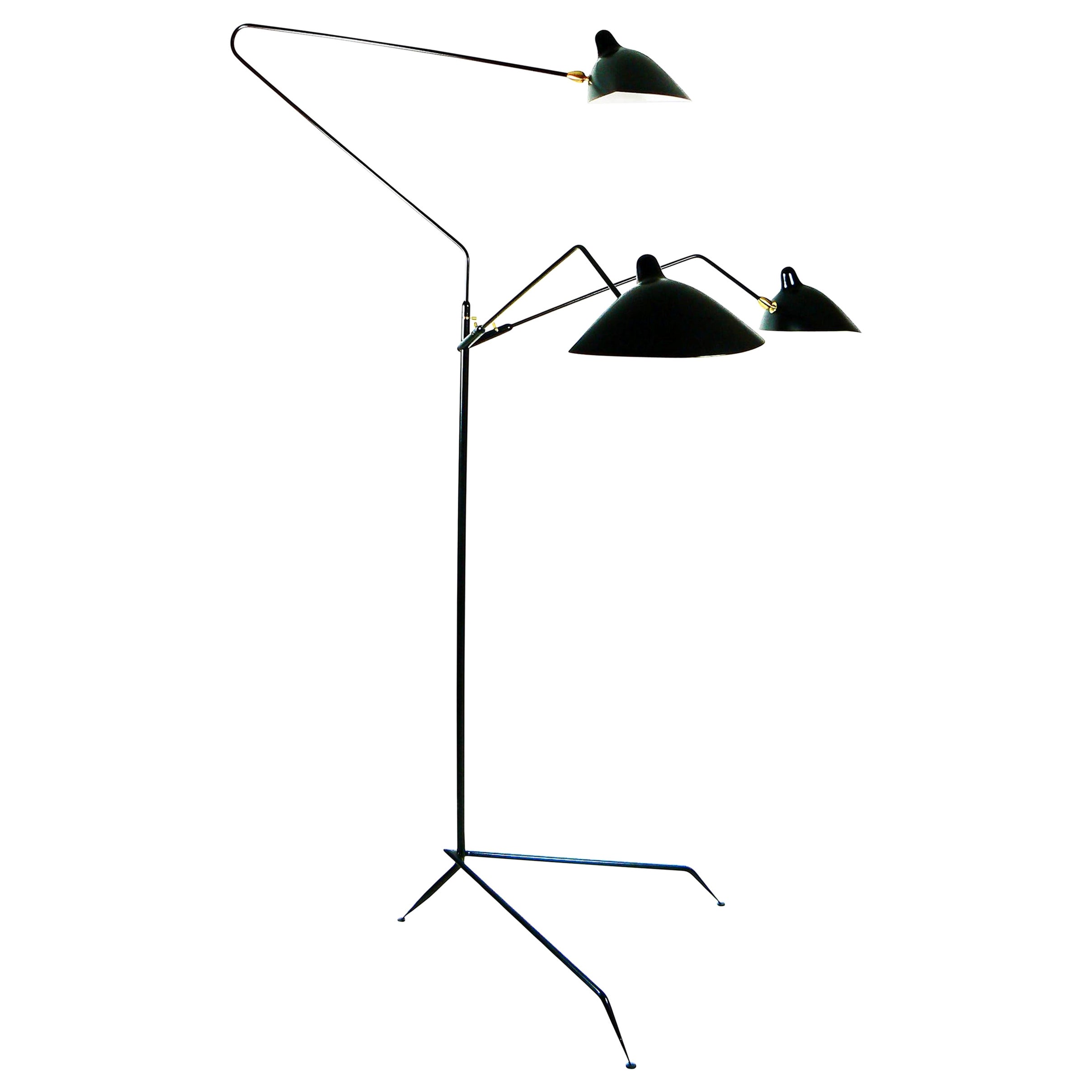 Serge Mouille Mid-Century Modern Black Three Rotating Arms Floor Lamp