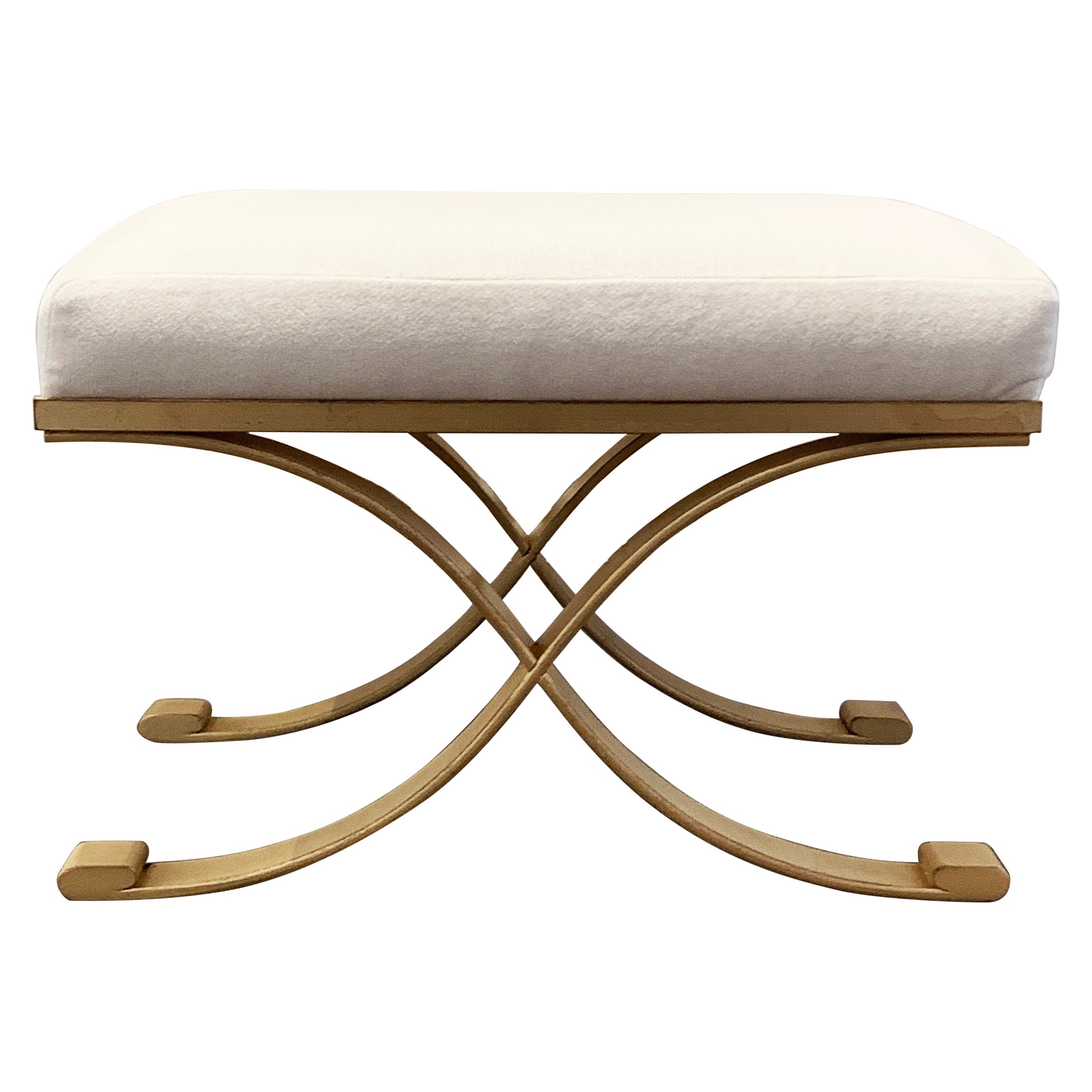 Pouenat Neoclassical Gilded Iron Bench, White Velvet Upholstery, Raymond Subes 