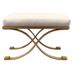 Pouenat Neoclassical Gilded Iron Bench, White Velvet Upholstery, Raymond Subes