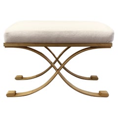 Pouenat Neoclassical Gilded Iron Bench, White Velvet Upholstery, Raymond Subes 