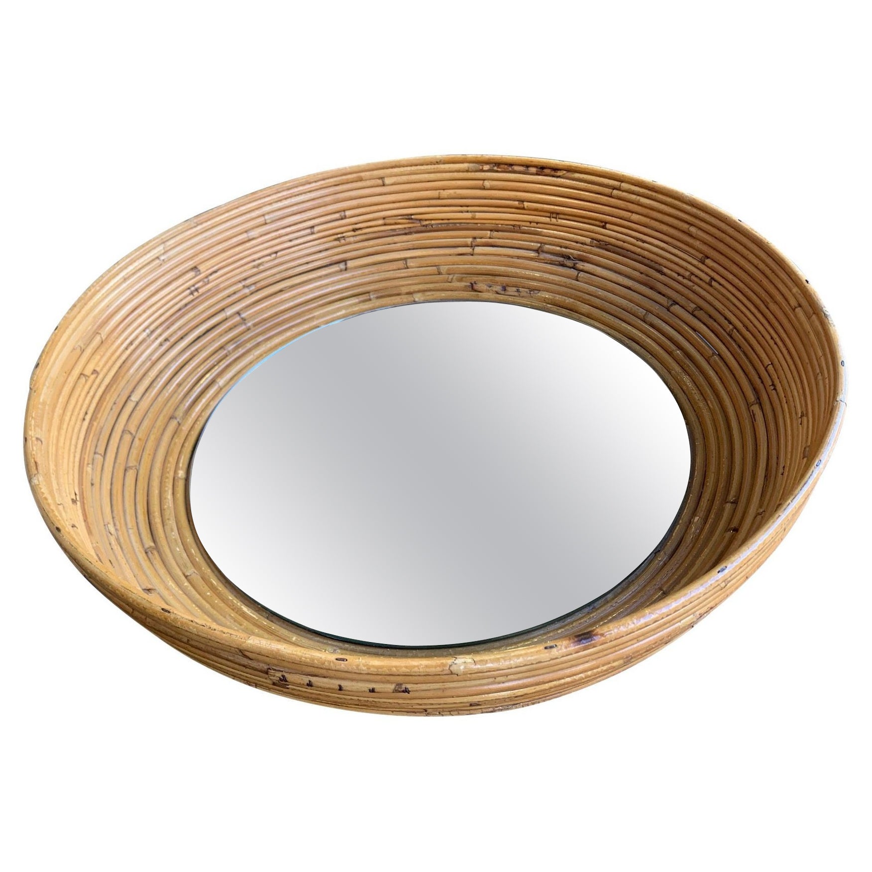 Miroir circulaire en forme de bol en bambou de la Côte d'Azur des années 1960