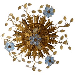 Flush Mount Maison Baguès Crystal Blue Flowers Leaves Chandelier 15 Lights