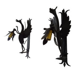 1890 French Big Winged Standing Dragon Wrought Iron Sconces