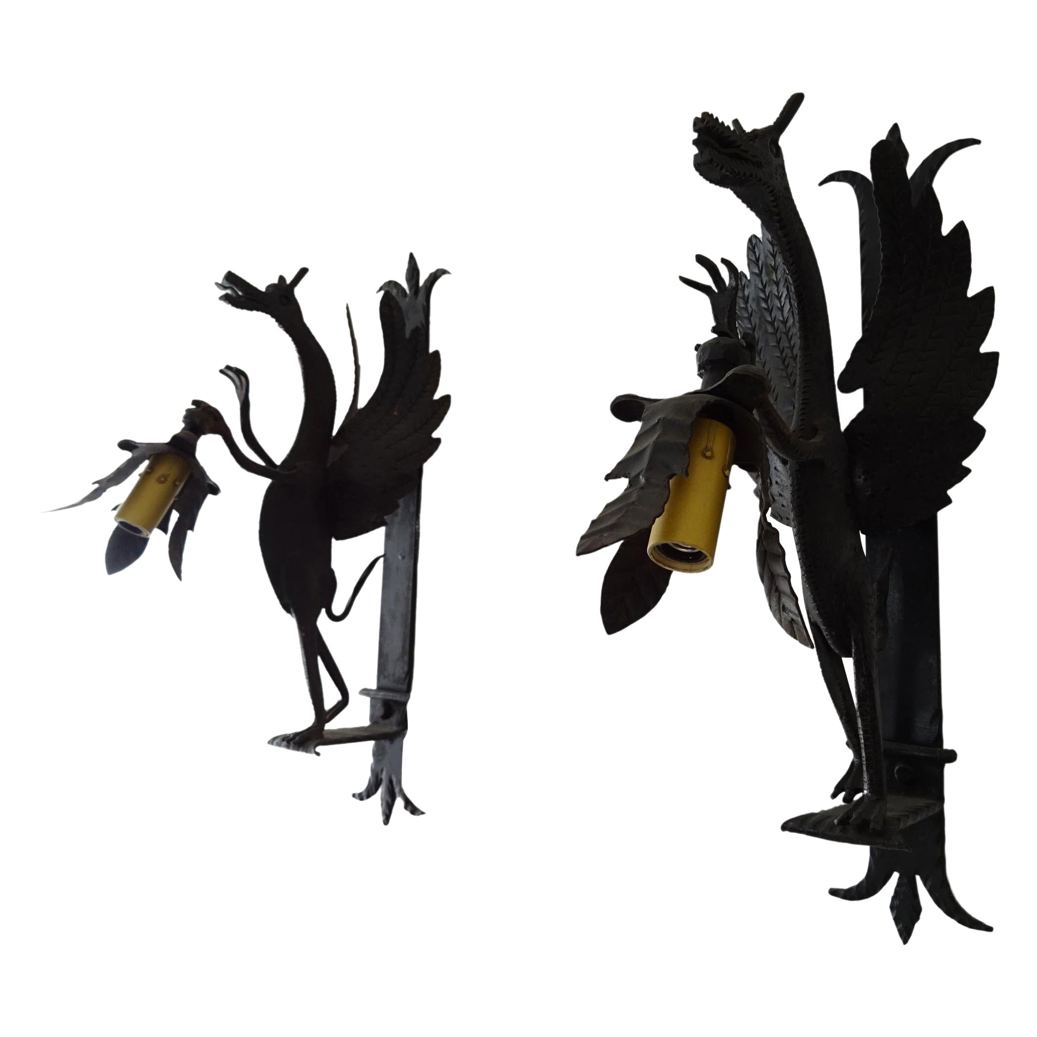 1890 French Big Winged Standing Dragon Wrought Iron Sconces