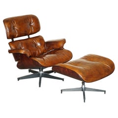 Heritage Aged Brown Leather Lounge Armchair & Ottoman with Teak Bentwood Frame