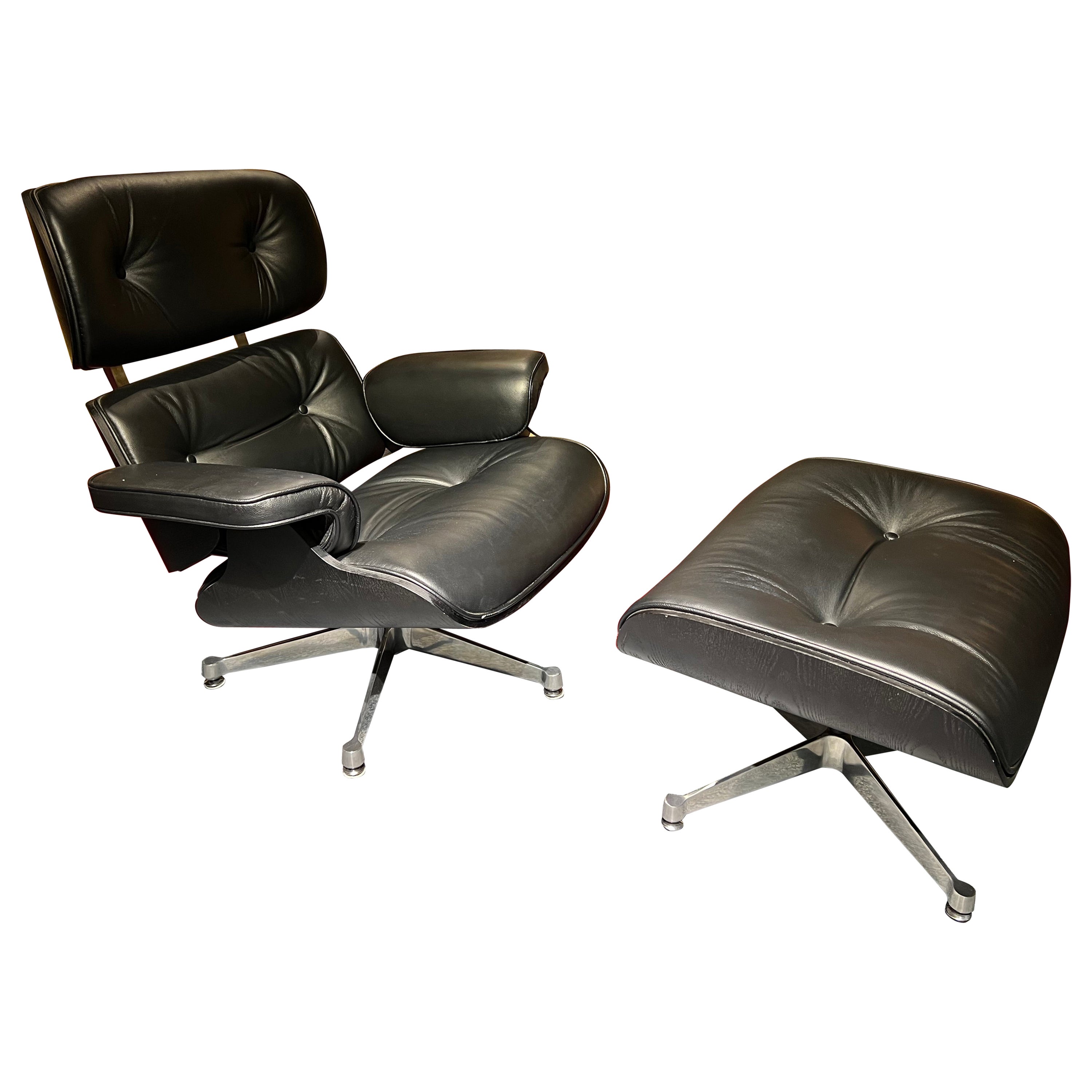 Charles Eames Style Lounge Chair with Ottoman Real Leather Black