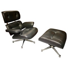 Vintage Charles Eames Style Lounge Chair with Ottoman Real Leather Black