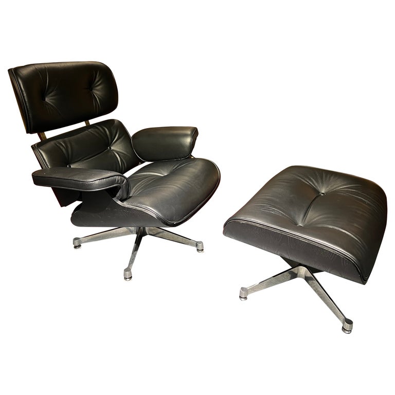 Charles Eames Style Lounge Chair with Ottoman Real Leather Black For Sale