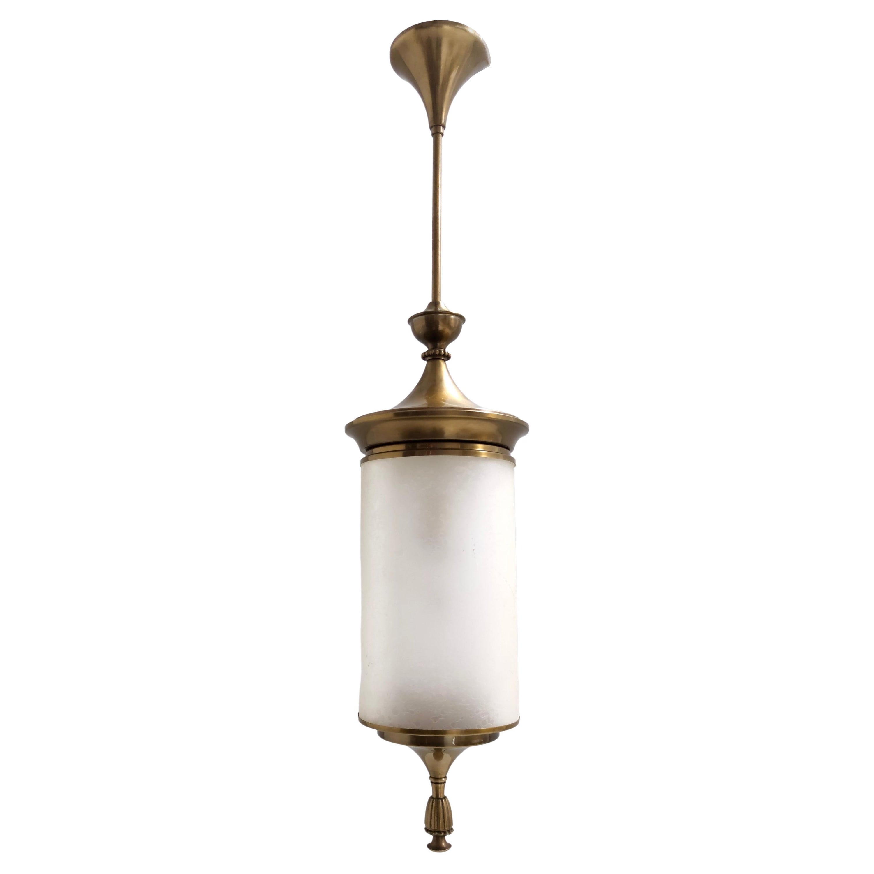 Vintage Brass and Etched Glass Pendant Lantern by Oscar Torlasco for Lumi