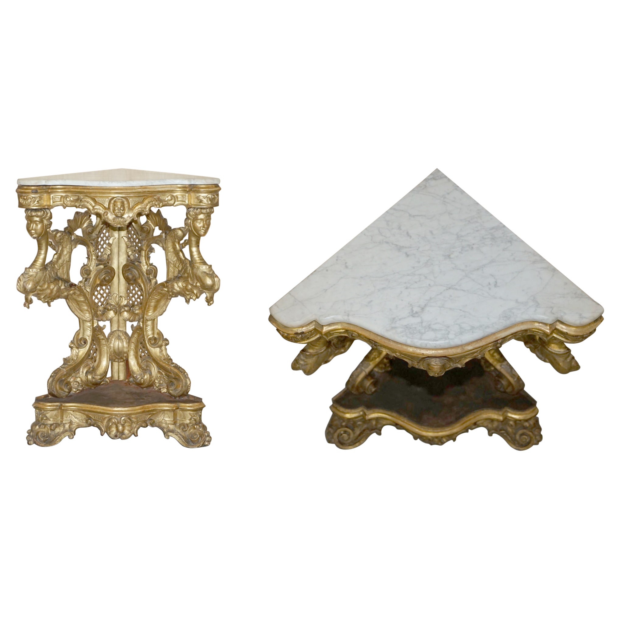 Exquisite Antique Italian Gold Giltwood Italian Marble Herm Carved Corner Table For Sale