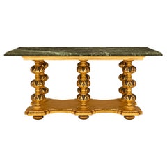 Table centrale baroque italienne du 19ème siècle en bois doré, polychrome et marbre