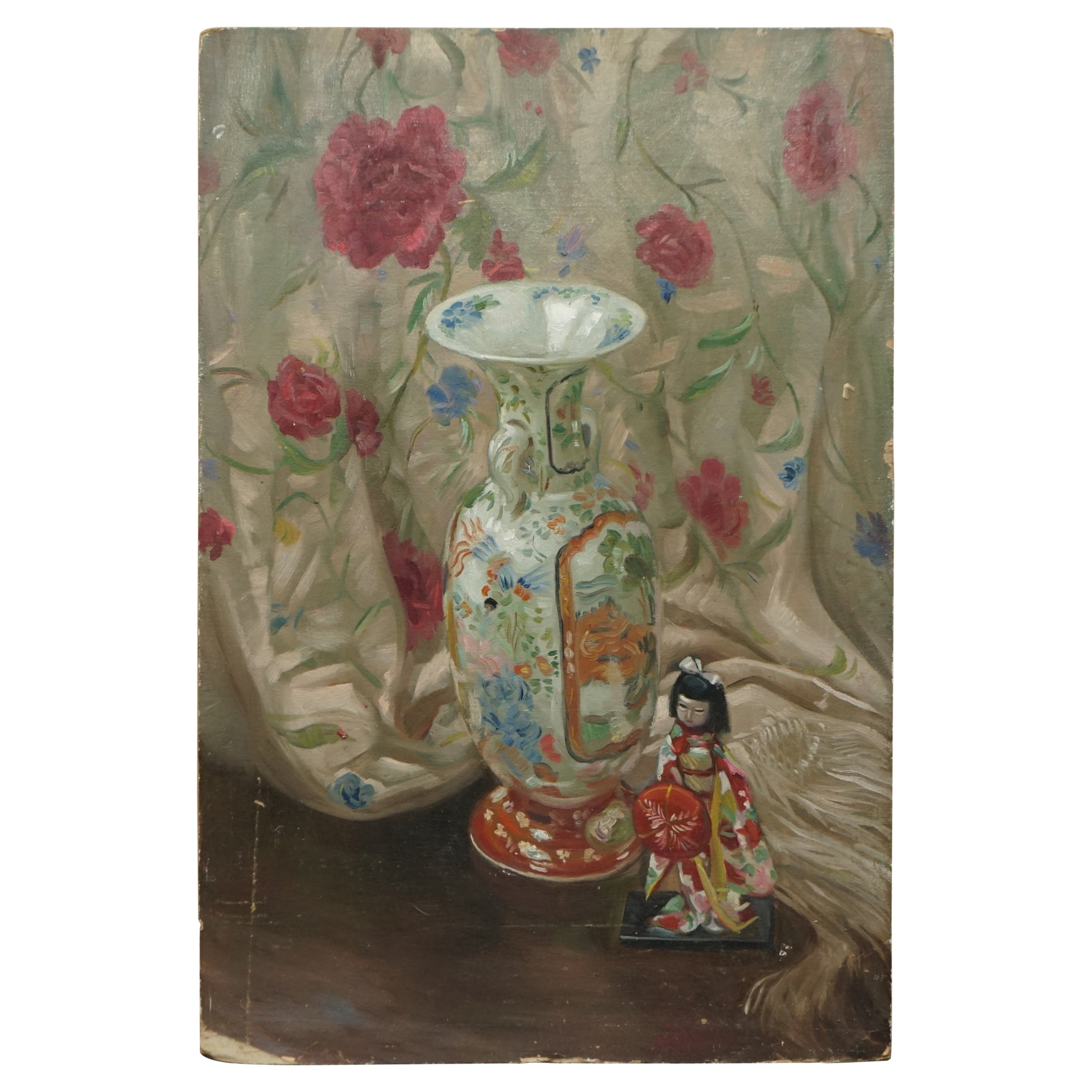 pintura al óleo china antigua de un hermoso jarrón y estatua de una niña glasia